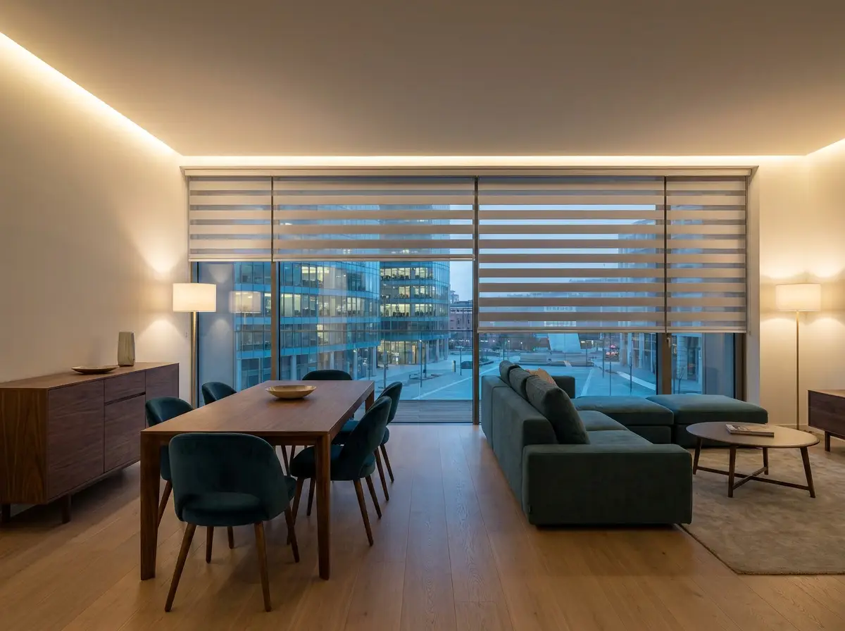Day/night blind with sheer and solid bands in a Melrose Arch apartment at dusk, skyline beyond the glass