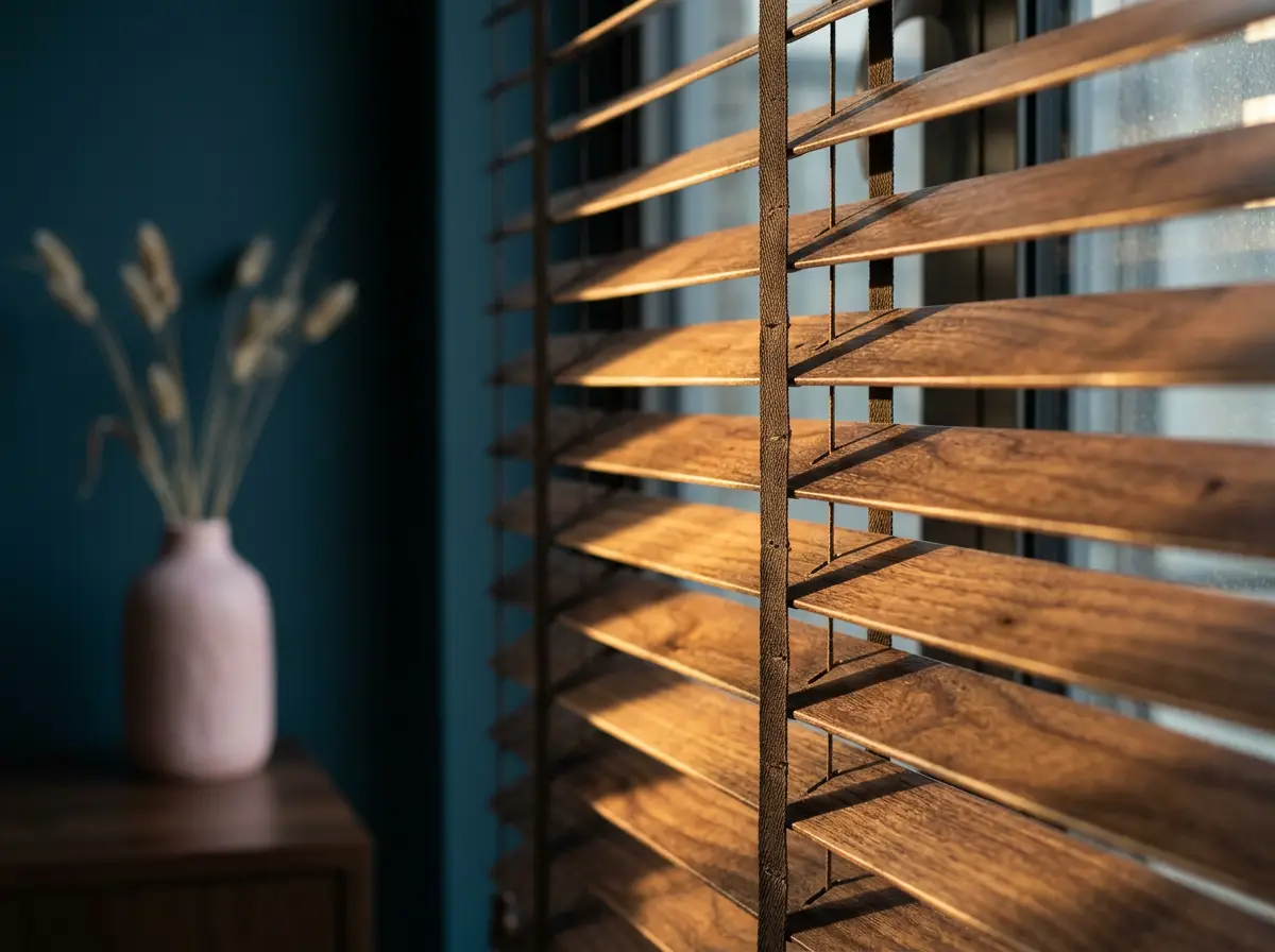 Close-up of walnut-toned timber venetian slats and ladder tape against a petrol-blue wall
