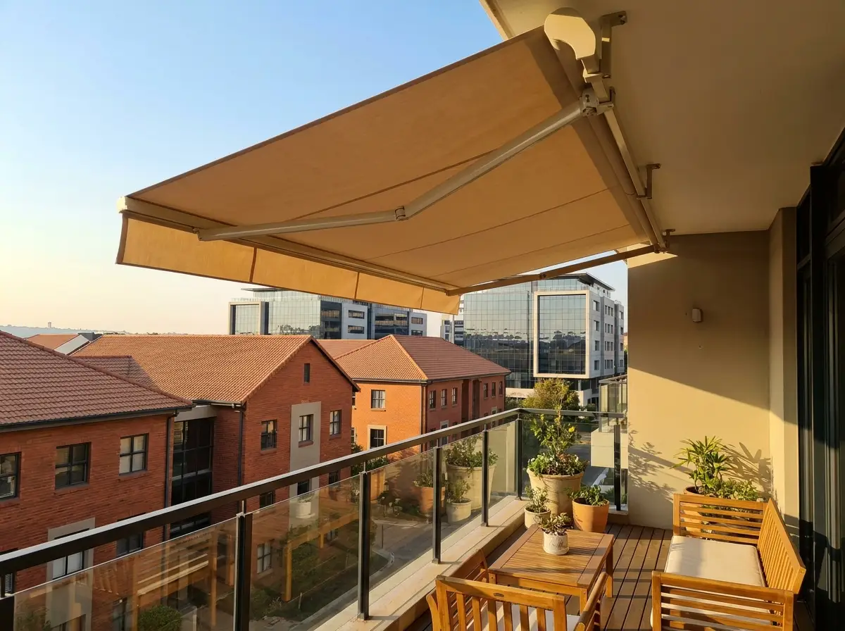Retractable folding-arm awning shading a Melrose Arch apartment balcony in the afternoon sun