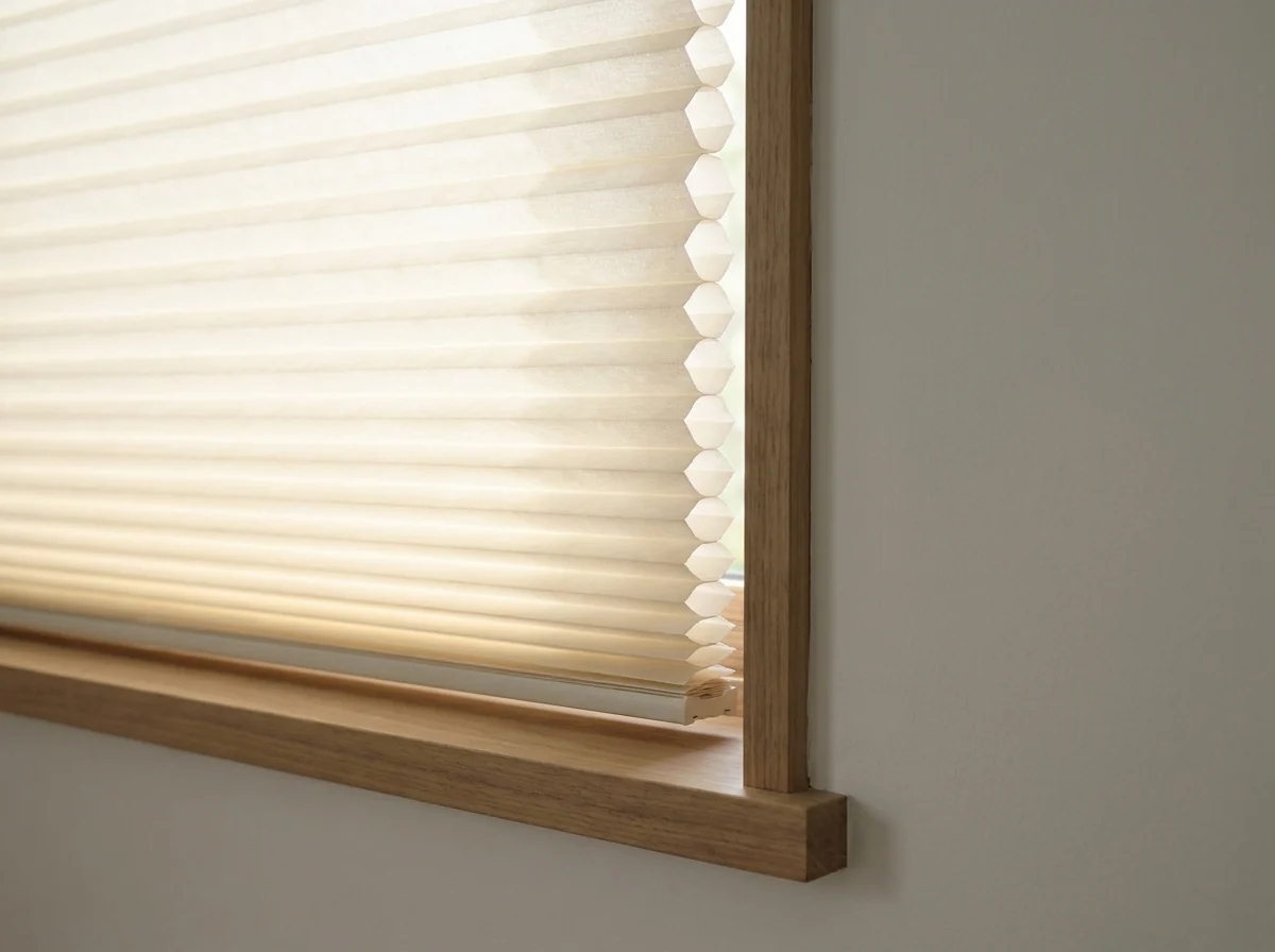 Close-up of a cellular honeycomb blind in a window reveal, the hexagonal air-cell structure clearly visible in cross-section at the edge with daylight glowing through