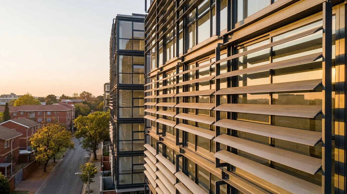 External aluminium venetian slats mounted outside the glass on a Melrose apartment facade, tilted against low late-afternoon sun with red-brick buildings and street trees beyond