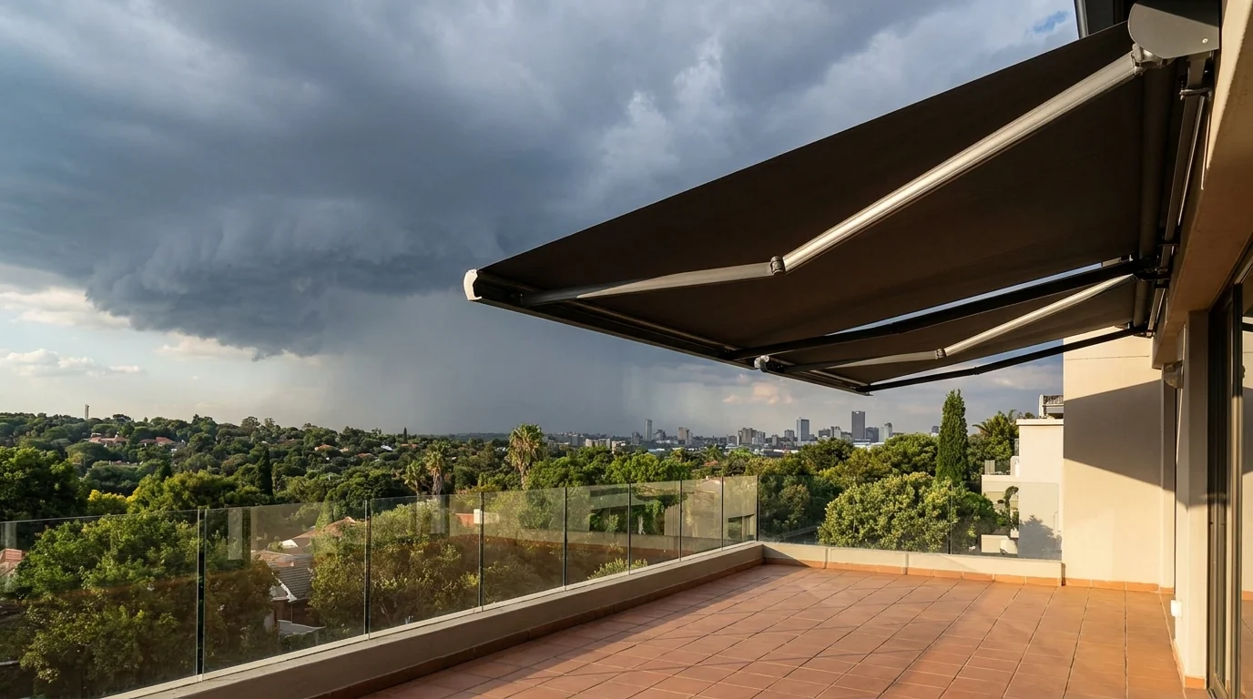 A folding-arm awning extended over an upper-floor Melrose balcony with no posts in the way, a Highveld storm building over the leafy suburb and skyline beyond