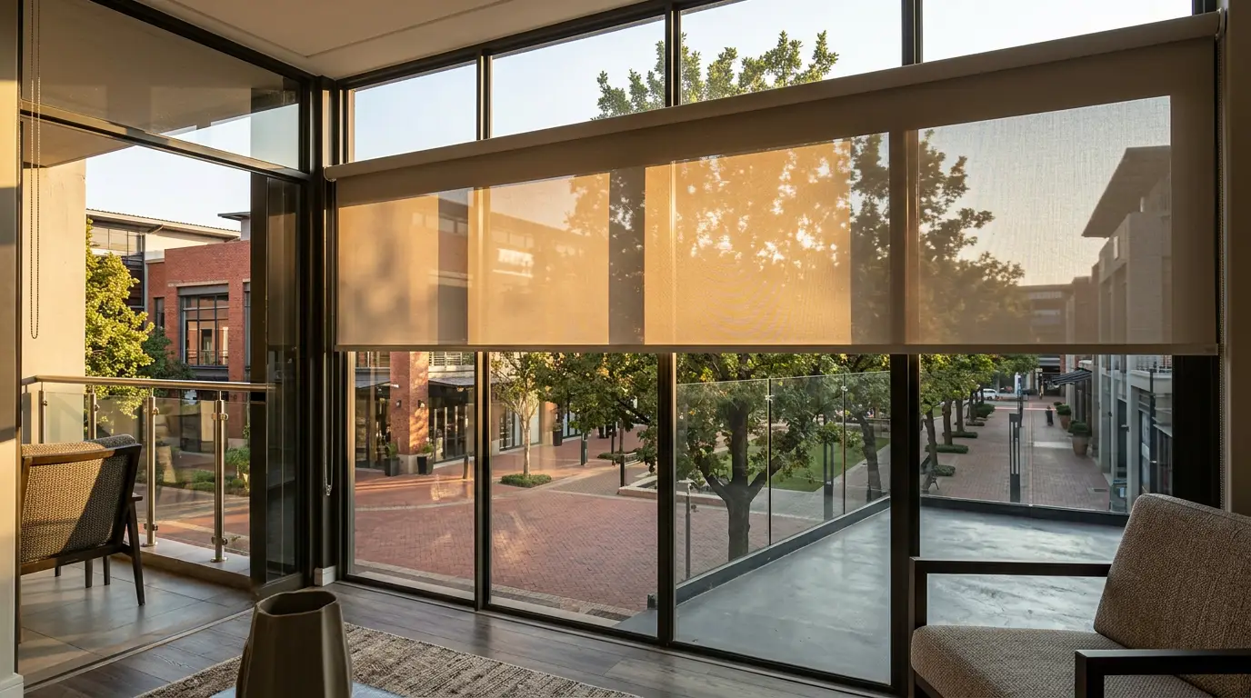 A flat sunscreen roller blind lowered halfway across a floor-to-ceiling glass wall in a Melrose Arch apartment, viewed at an angle with warm late-afternoon light and the piazza's oak trees below