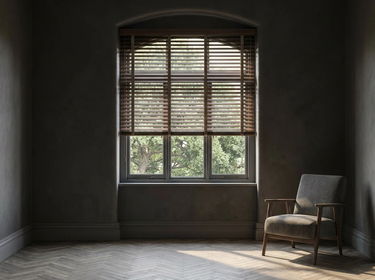 A walnut-toned timber venetian blind in the deep arched reveal of an original Melrose home, slats tilted half open with the oak canopy visible through the glass below