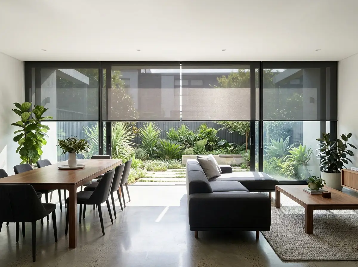 Motorised sunscreen roller blinds partially lowered over glass doors in a bright Melrose Arch living and dining space, walnut and charcoal furniture