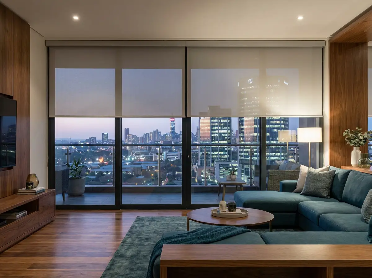 Motorised sunscreen roller blinds lowered halfway across a Melrose Arch apartment's glass wall at dusk, skyline lights beyond