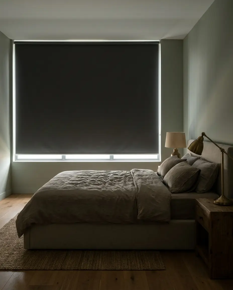 Blockout roller blind lowered over a Melrose primary bedroom window, upholstered bed with linen bedding and a brass reading lamp, sage-green walls and warm oak flooring