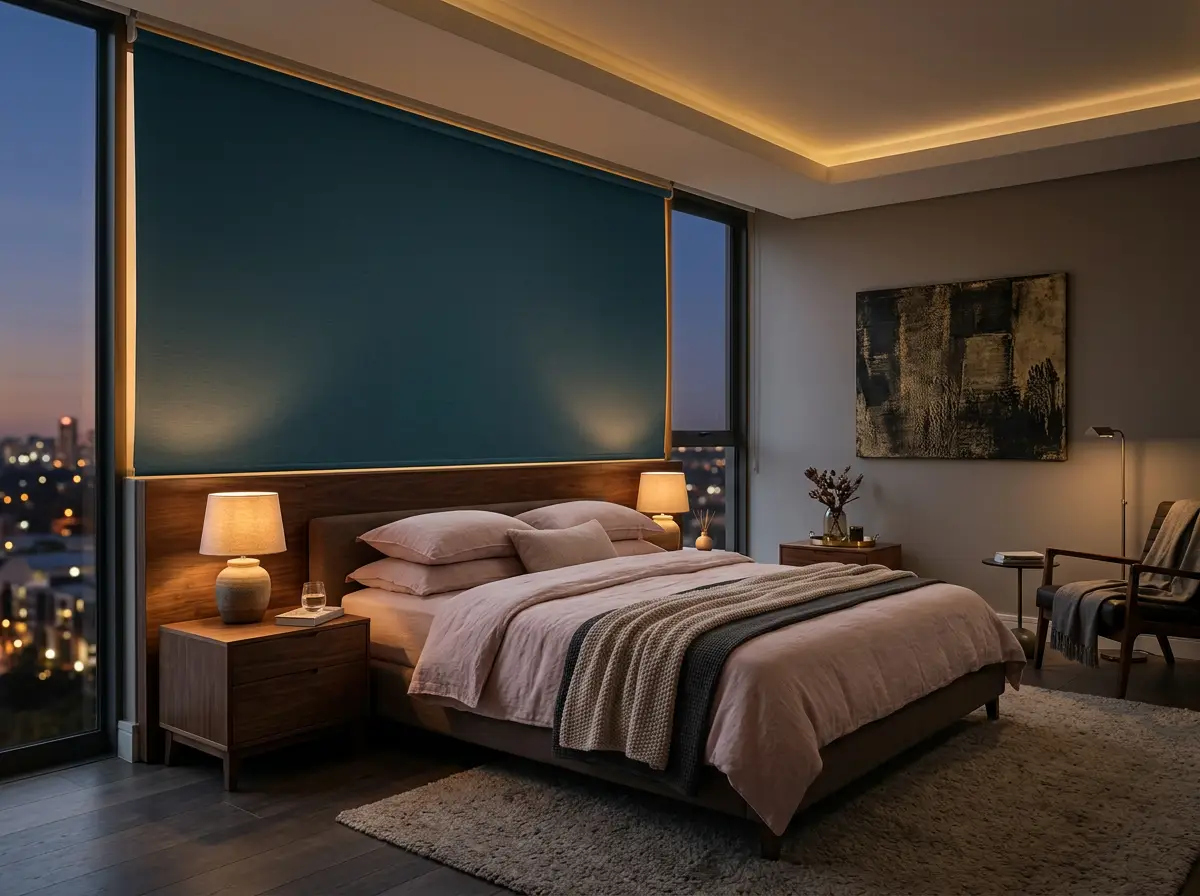 Blockout blinds in a Melrose bedroom with walnut furniture and chalk-pink accents