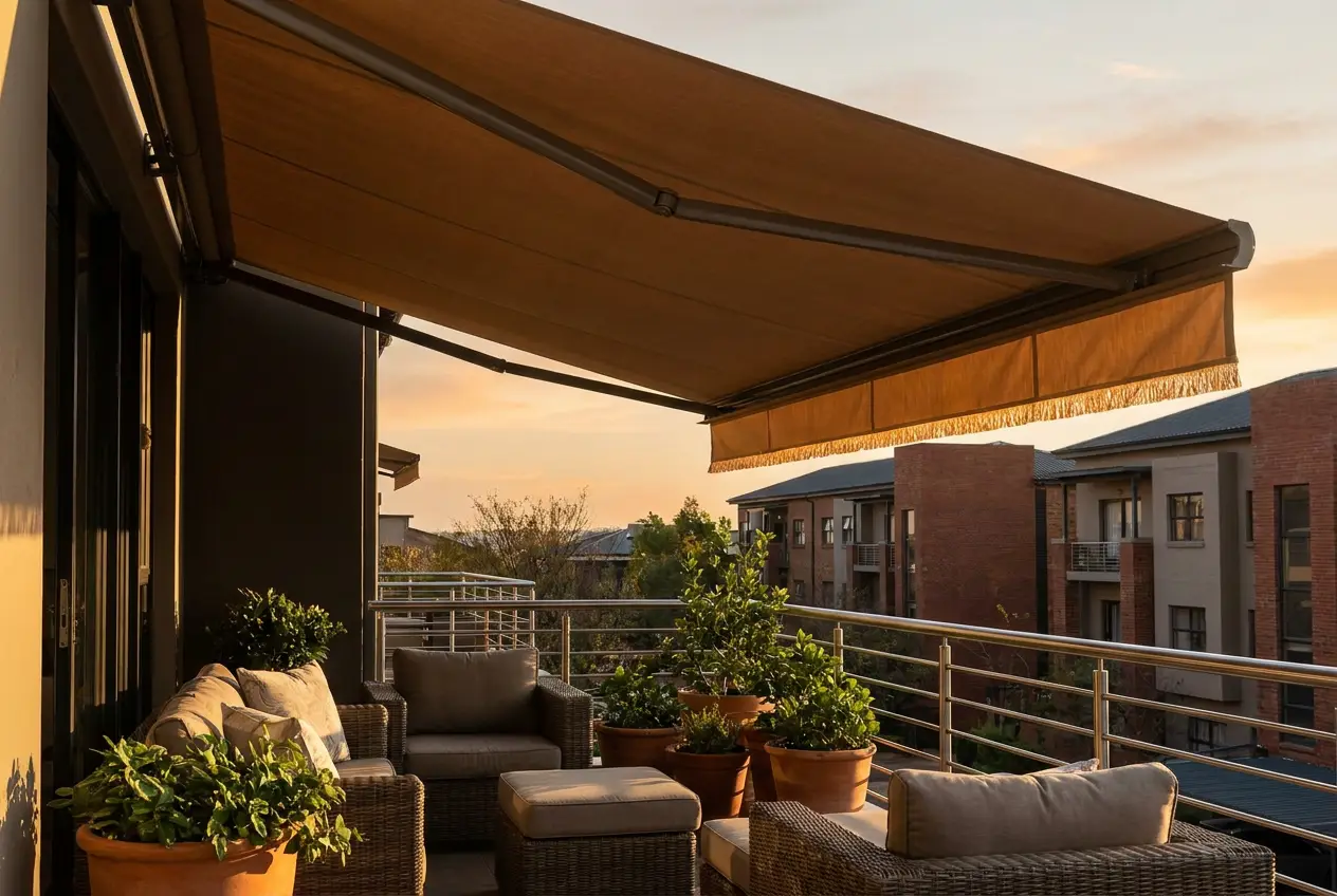 Folding-arm awning shading a west-facing Melrose Arch balcony in late-afternoon light, lounge furniture and potted plants beneath it