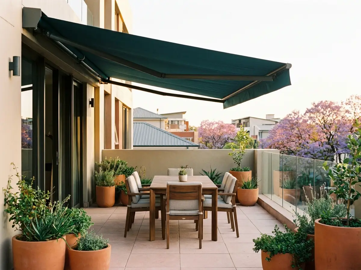 A dark green folding-arm awning wall-mounted above the doors of a Melrose terrace, shading a dining table with jacarandas in bloom behind the glass balustrade