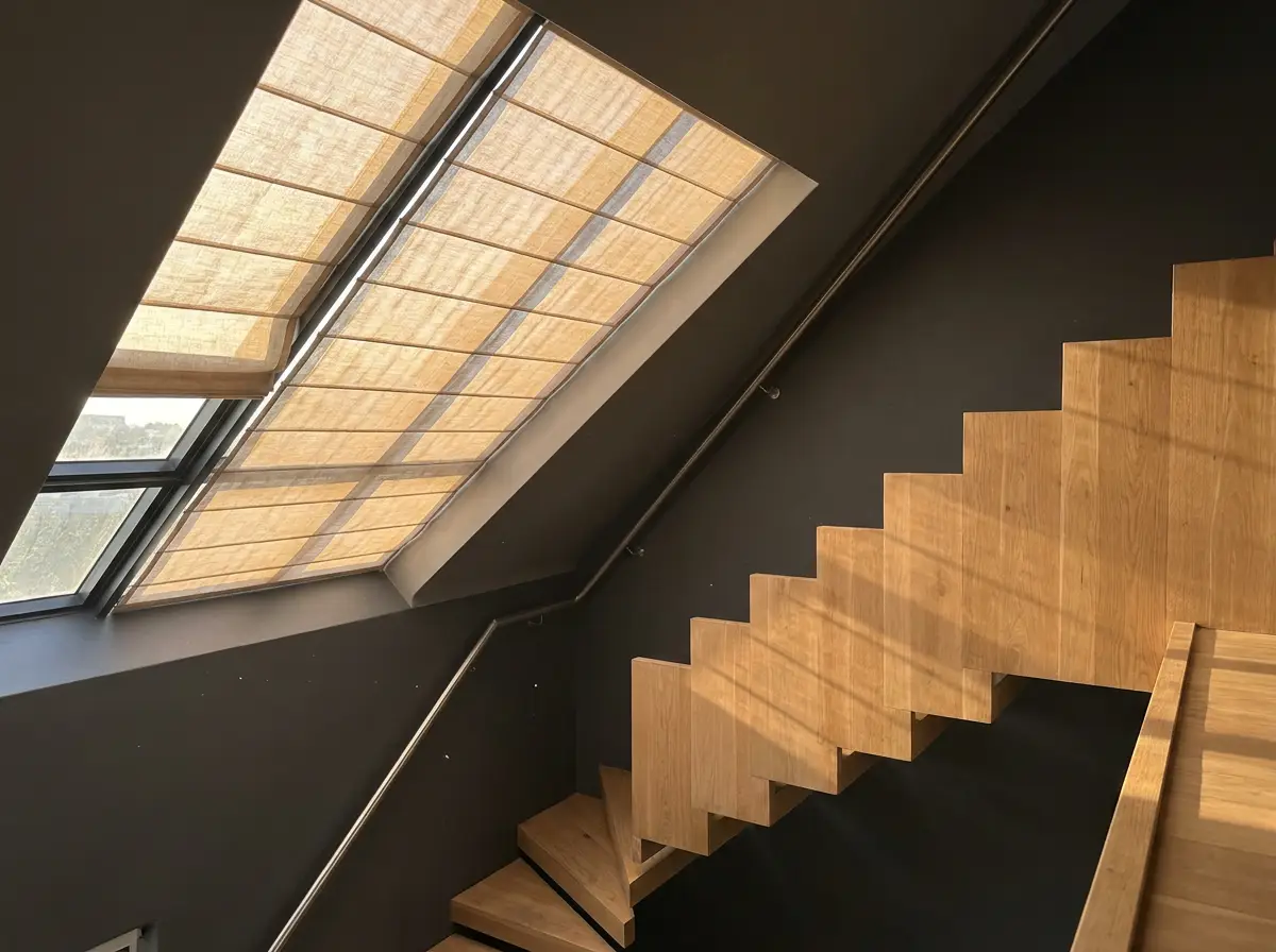 Shaped pleated blind fitted to an angled skylight in a Melrose Arch loft stairwell